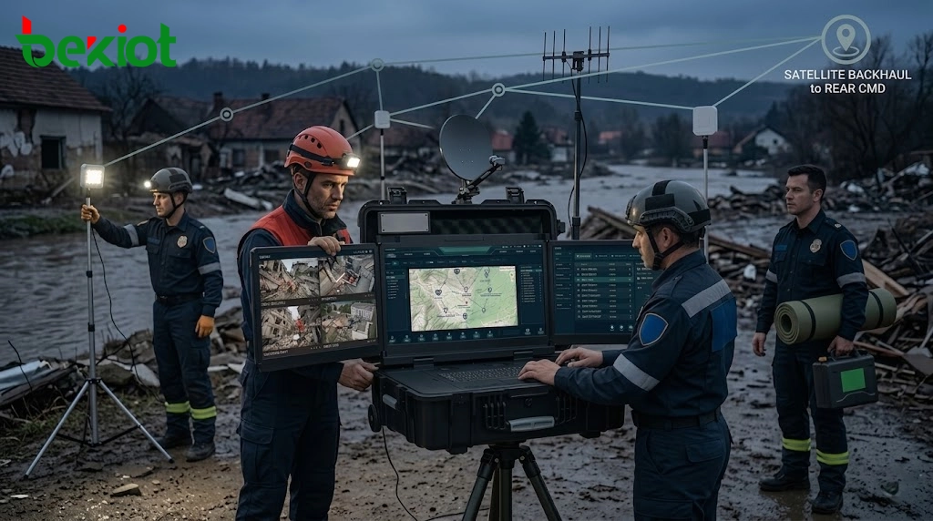 Feldkommandoposten verbunden mit dem rückwärtigen Notfallführungszentrum über Satelliten-, Funk-, Video- und selbstorganisierende Netzwerkverbindungen