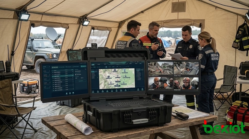 Tragbare Notfall-Führungsausrüstung, die von einem Rettungsteam für die Kommunikationsbereitstellung am Katastrophenort getragen wird