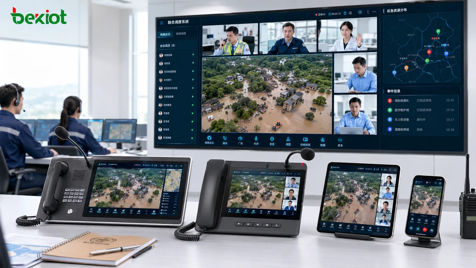 Drohnenvideo geteilt mit Videokonferenz, intelligentem Endgerät, mobiler App und visuellem Desktop-Telefon für entfernte Entscheidungsfindung