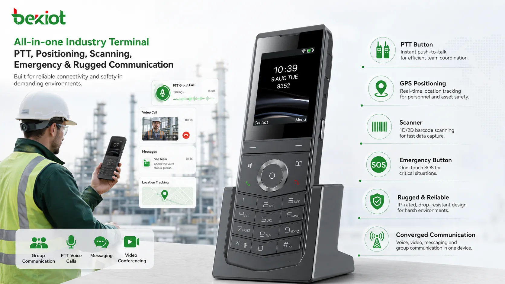 Industrie-Endgerät mit PTT-Taste, GPS-Positionierung, Scanner, Notfalltaste und robuster Kommunikationsfunktion