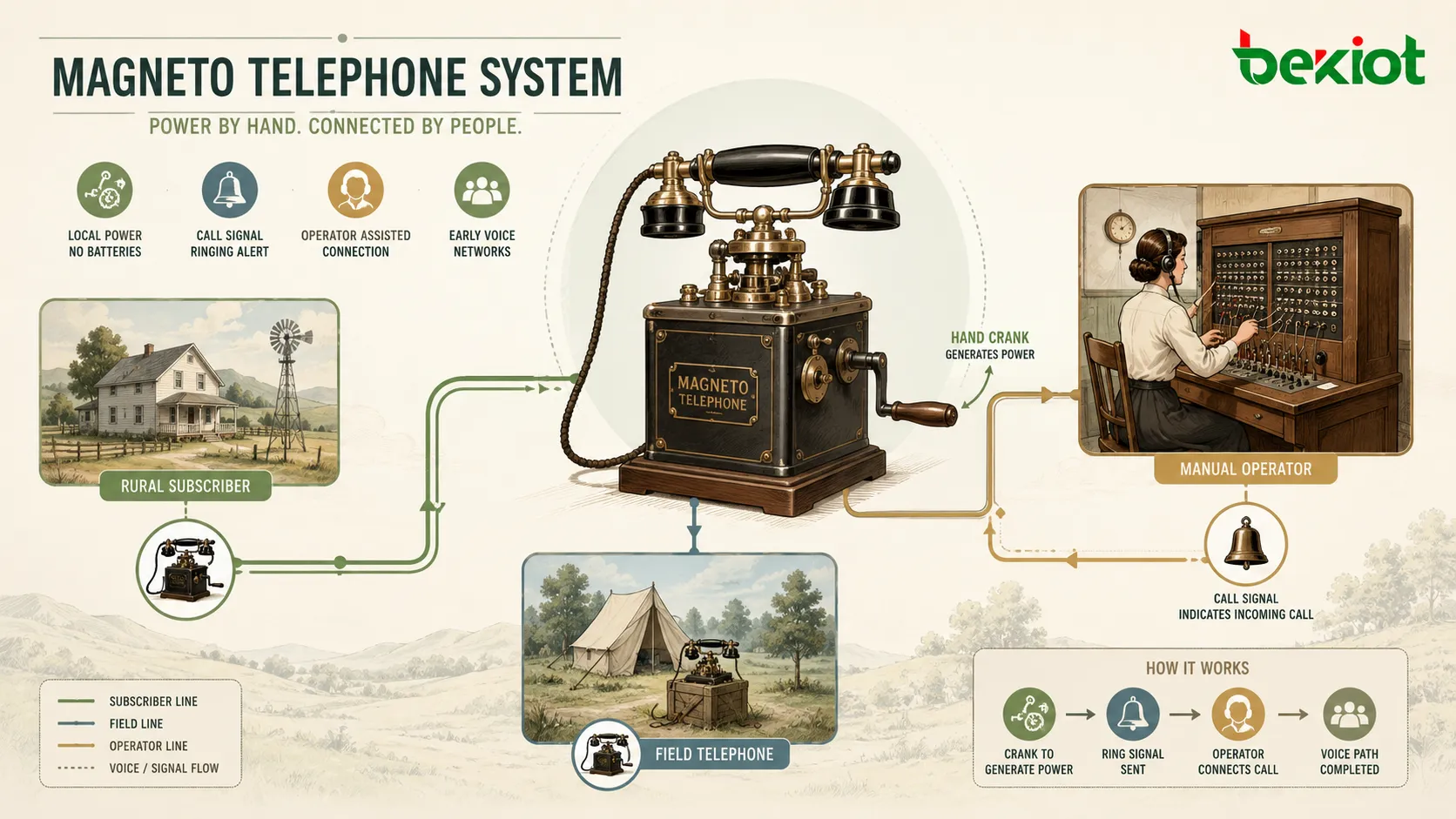 Historisches Magnettelefonsystem mit Landnutzern, Feldtelefonen und manueller Vermittlung