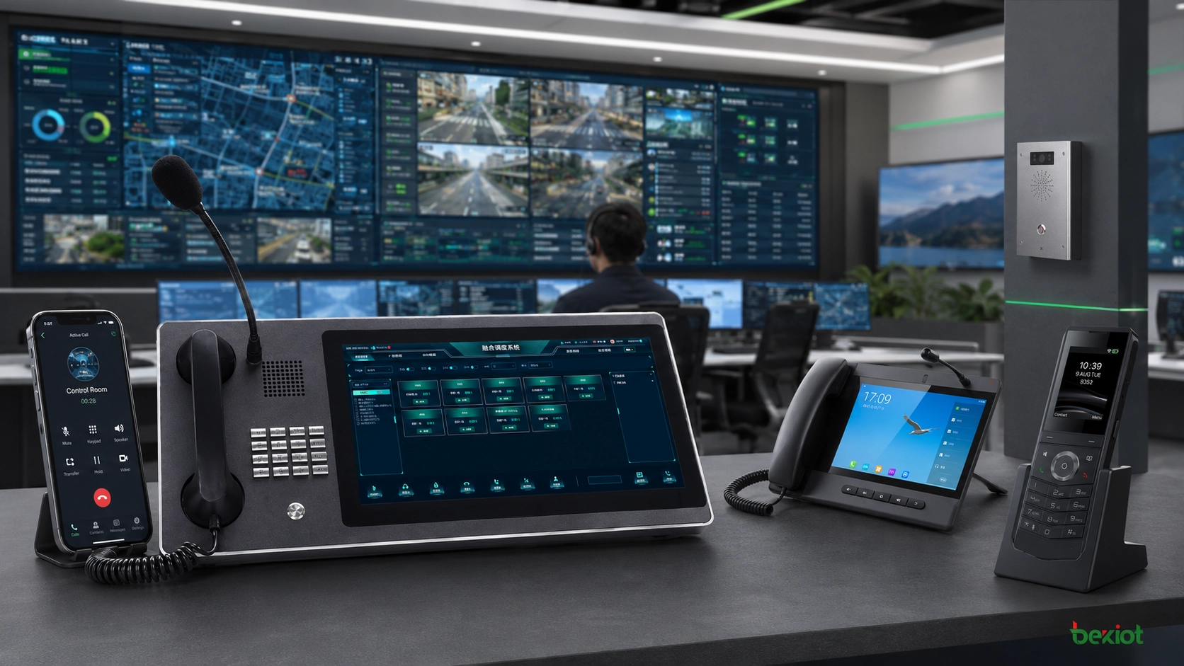 Dispatcher-Konsole mit Mehrbildschirmsteuerung, mobiler APP, SIP-Telefonen und robusten Endgeräten für die Audio-Video-Kommandozentrale