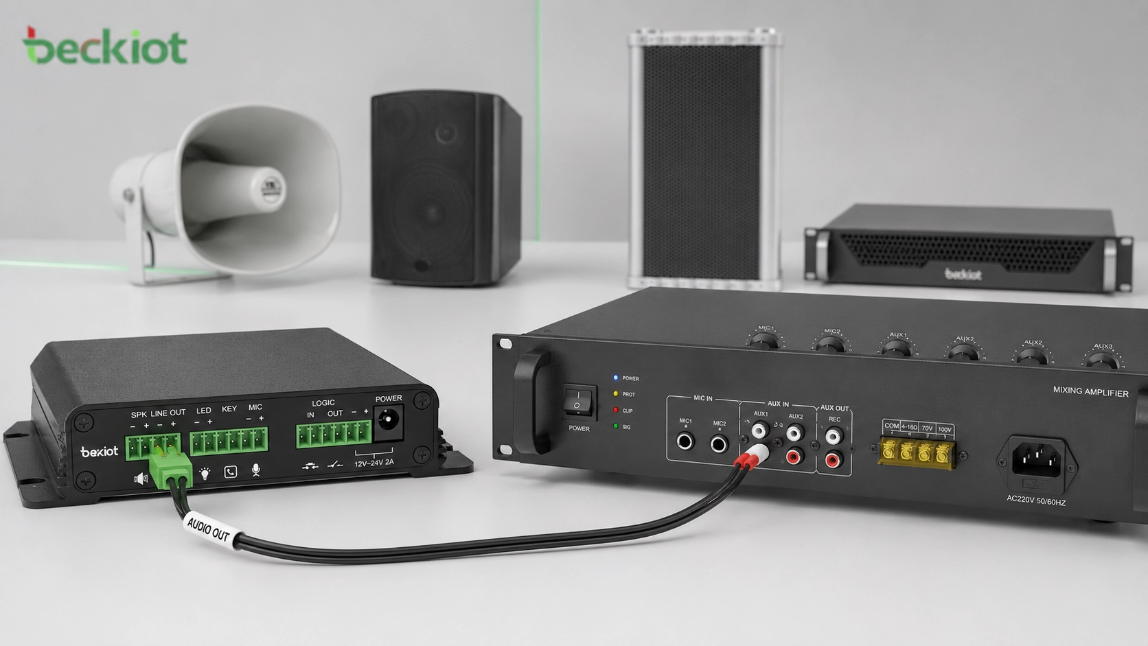 Traditioneller PA-Verstärker mit RCA-Eingang verbunden mit Phoenix-Audioausgang eines SIP-Paging-Gateways