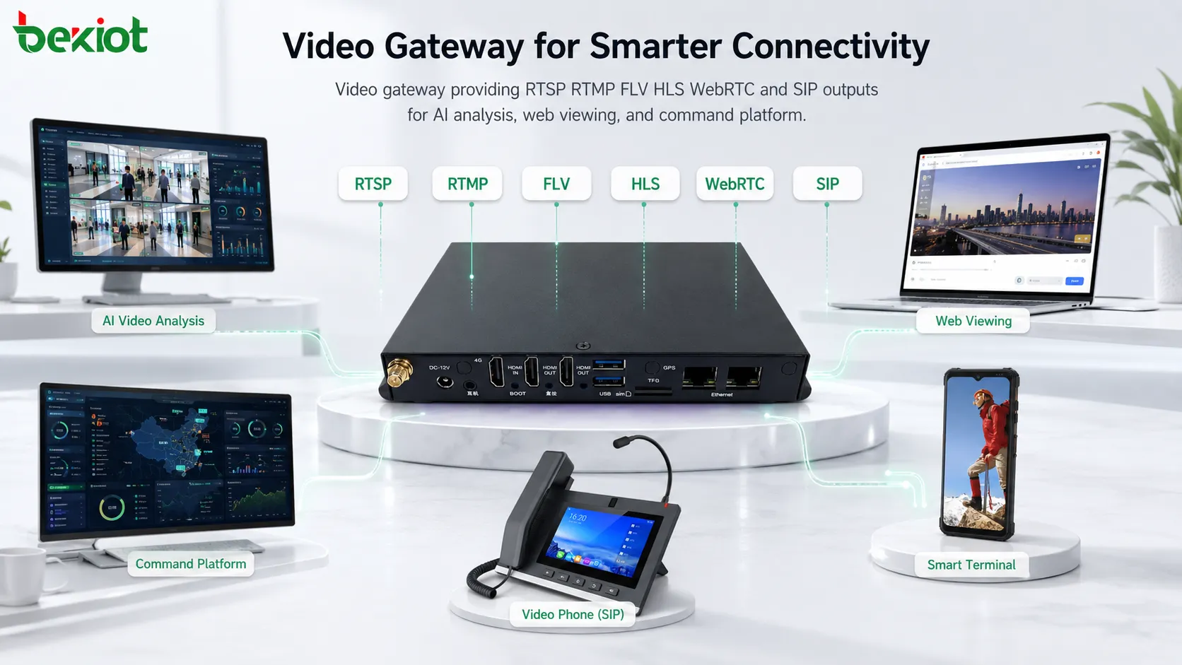 Video-Gateway stellt RTSP RTMP FLV HLS WebRTC und SIP-Ausgaben für KI-Analyse Webanzeige und Leitstellenplattform bereit