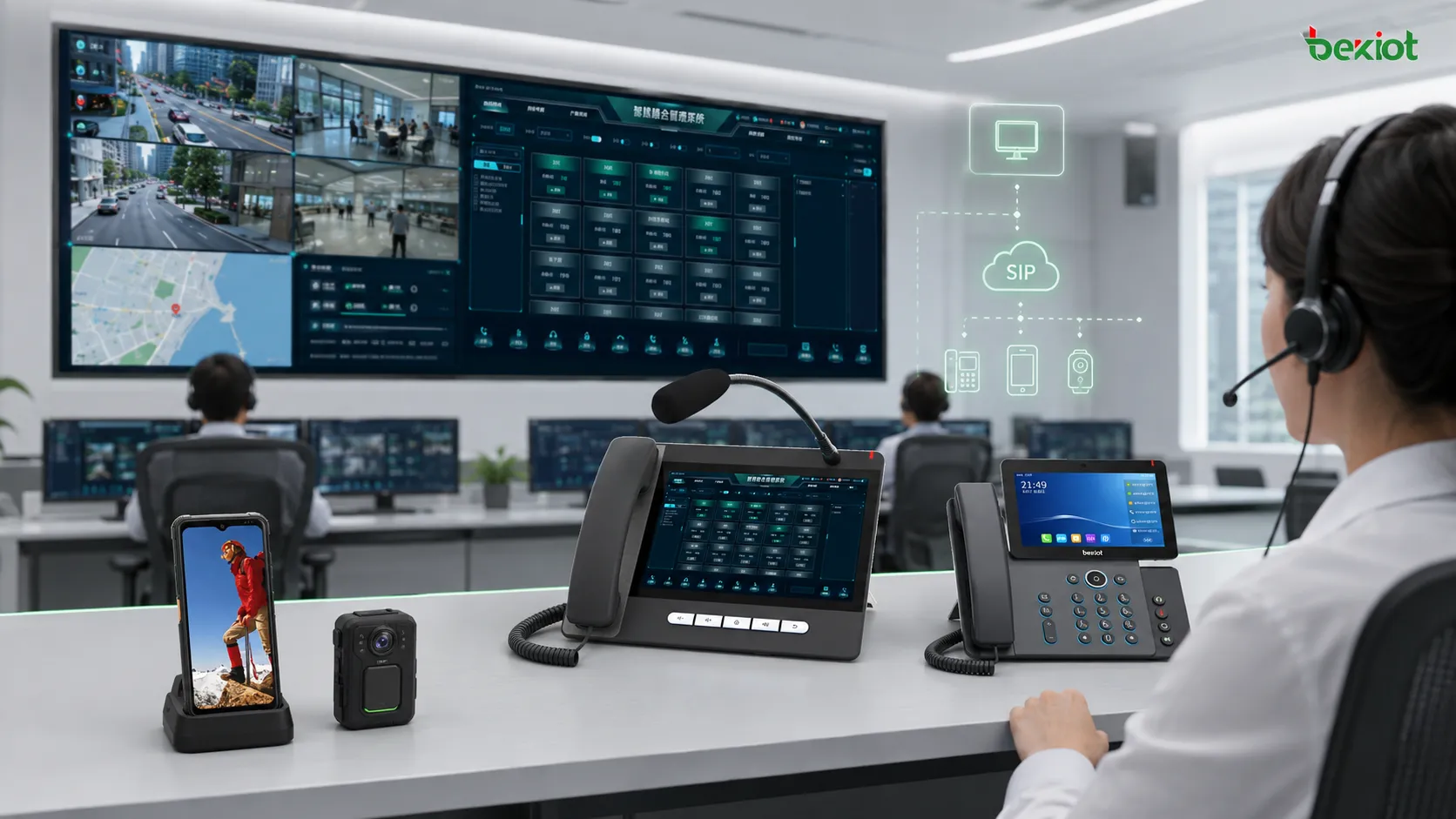 Video-Dispatch-Konsolenarchitektur mit Videotelefon großem Leitstellenbildschirm Kamera-Feeds und SIP-Kommunikation