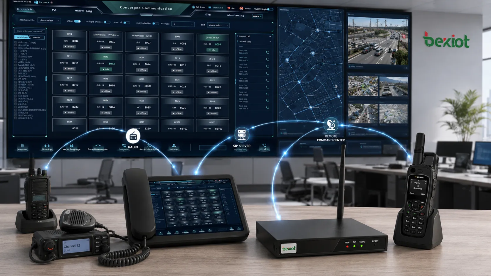 Integrationsarchitektur mit RoIP-Gateway portabler Sprach-Dispatch-Konsole SIP-Server Satellitentelefon und entfernter Leitstelle