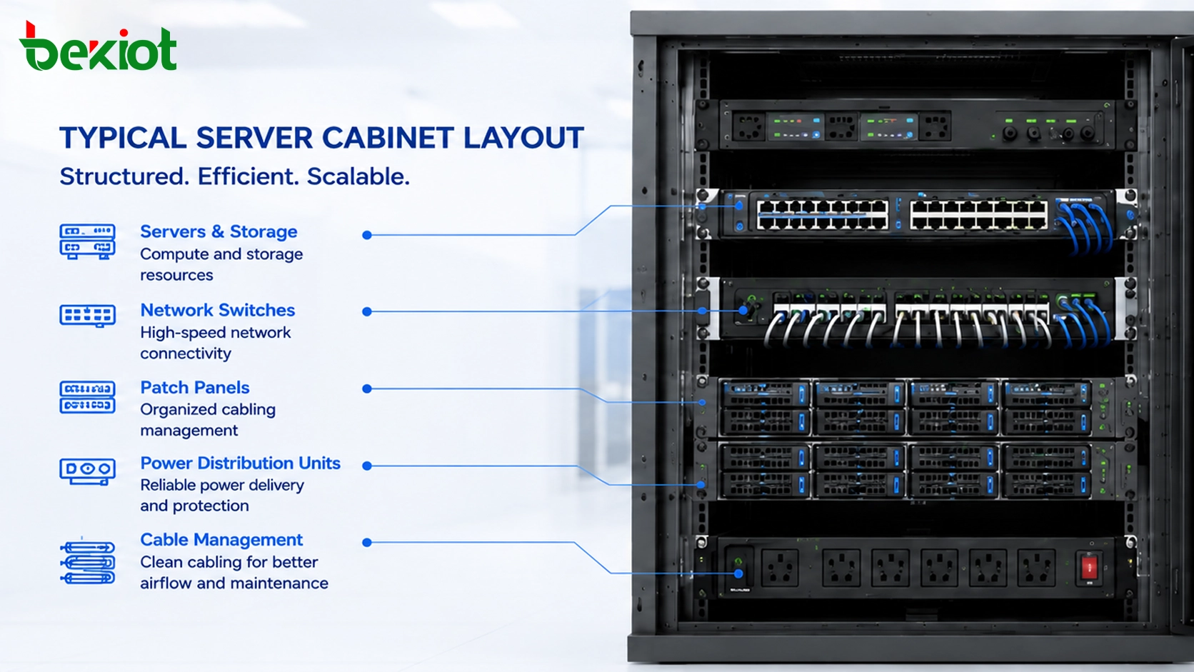 Telekom-Serverschranklayout mit Netzwerkswitch Gateway Server Patchpanel und Stromverteilungseinheiten