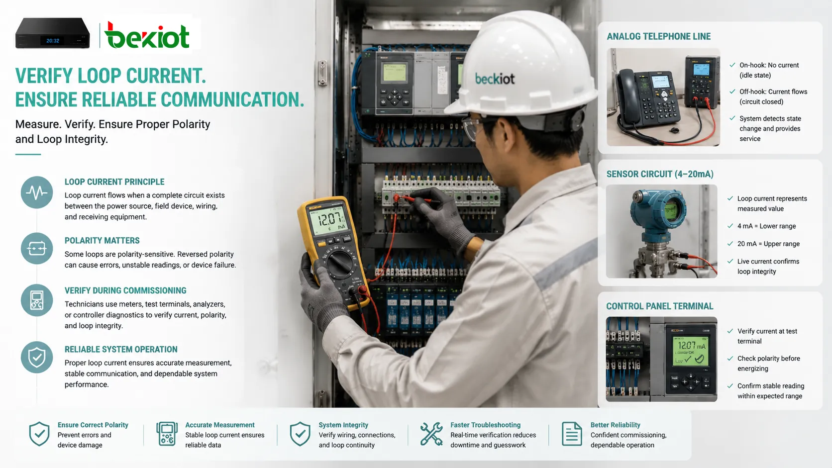 Techniker misst Schleifenstrom mit Multimeter an analoger Telefonleitung Sensorkreis und Schaltschrankklemme