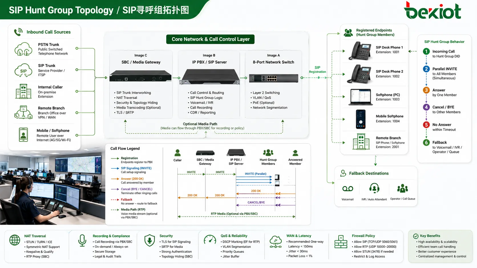 SIP-Hunt-Group-Topologie mit IP PBX SIP-Server SBC entfernten Standorten Softphones und Tischtelefonen