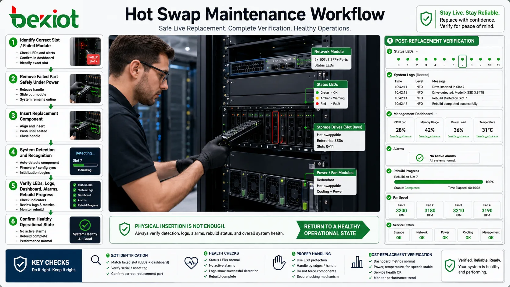Bürotechniker führt Hot-Swap-Wartung an beschriftetem Rackserver, Speicherlaufwerk und Netzwerkmodul-Anzeigen durch