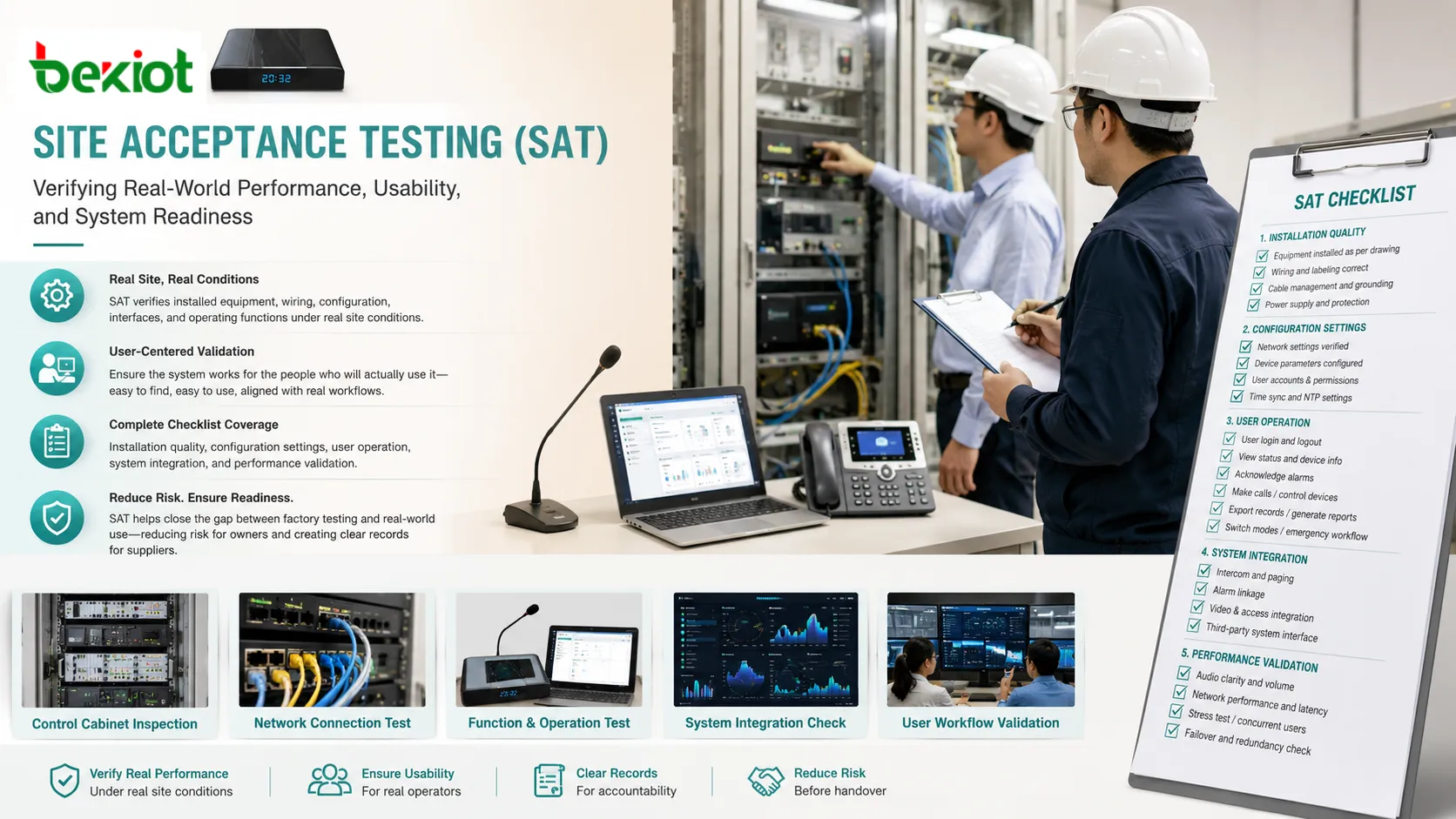 Site Acceptance Testing Checkliste umfasst Installationsqualität Konfiguration Benutzerbetrieb und Integrationsprüfung