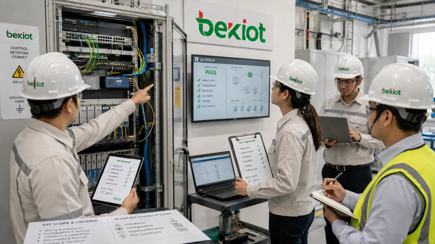 Site Acceptance Testing Team prüft installierte Geräte Schaltschrank Netzwerkverbindung und Projektcheckliste