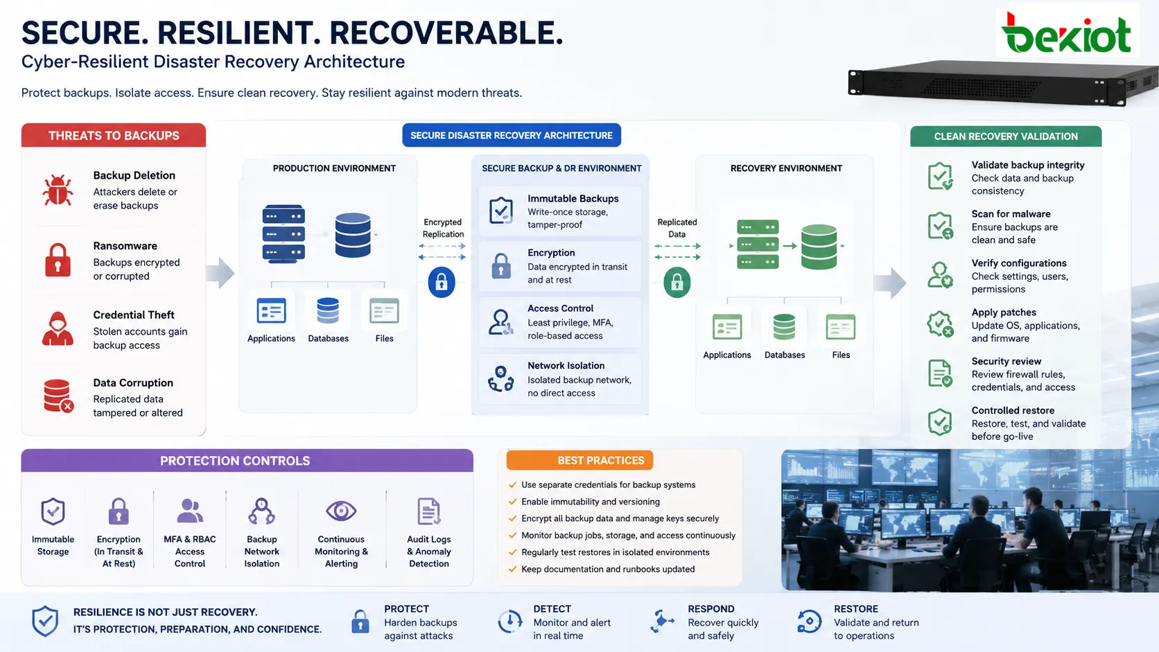 Disaster-Recovery-Cybersicherheitsdesign mit unveränderlichem Backup verschlüsselter Replikation Zugriffskontrolle und sauberer Restore-Validierung