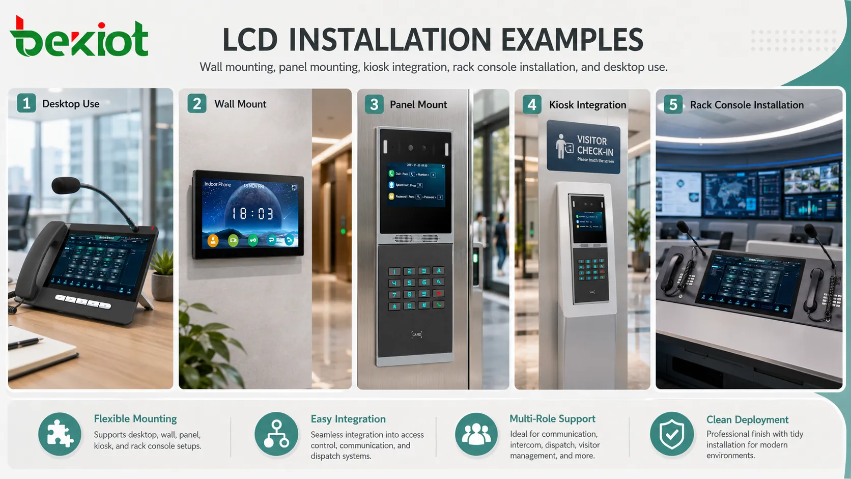LCD-Installationsoptionen mit VESA-Wandmontage, Panelmontage, Kioskintegration, Rack-Konsole und Desktop-Monitor