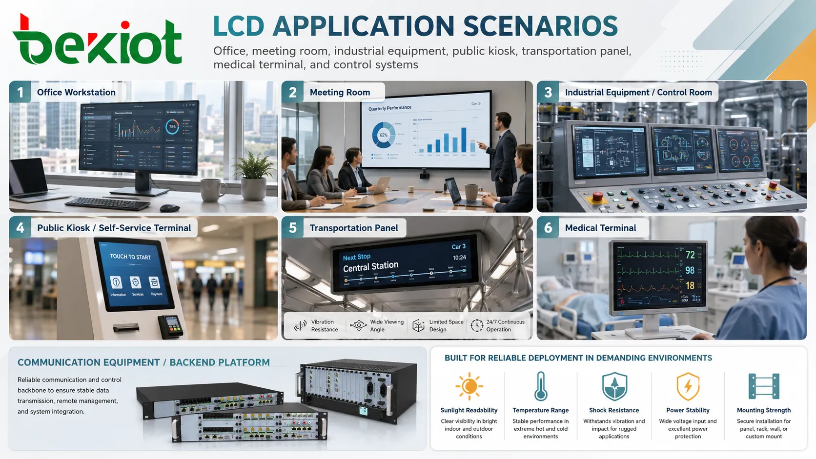 LCD-Anwendungen in Bürobesprechungsraum, Industrieanlage, öffentlichem Kiosk, Verkehrspanel und medizinischem Terminal