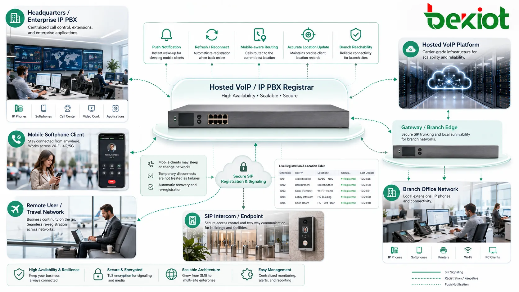 Registrar-Dienste werden in IP PBX, gehostetem VoIP, Niederlassungen, mobilen Clients, Gateways und SIP-Endgeräten genutzt.