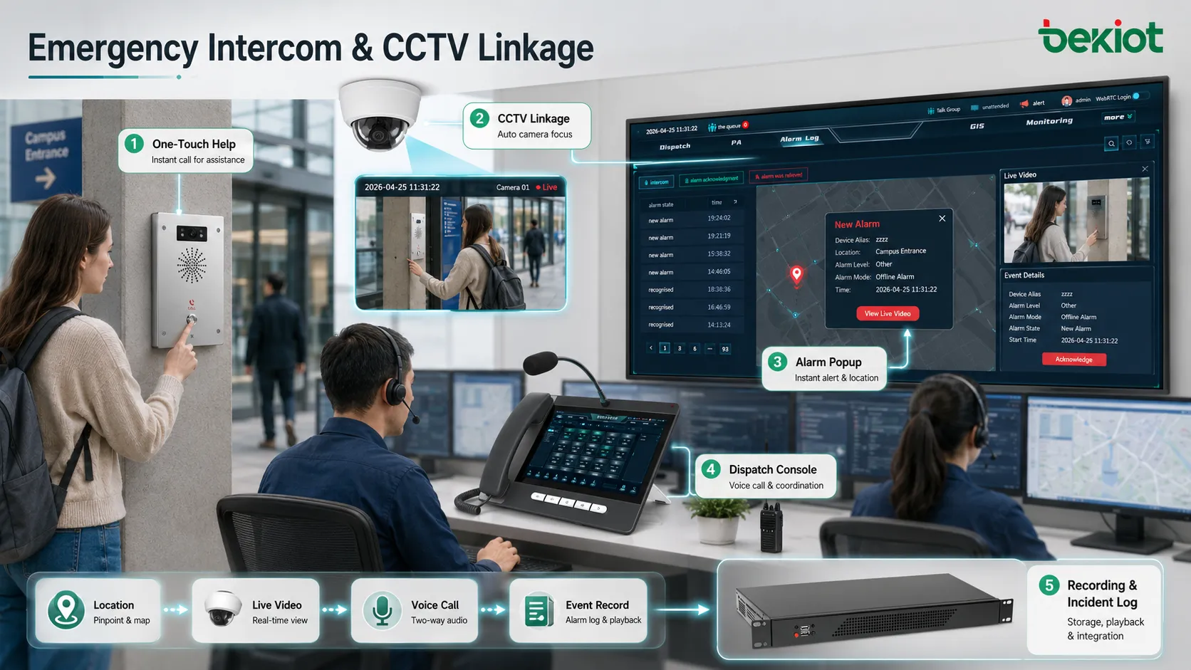 Notsprechterminal-Hilfesystem verbunden mit CCTV-Kamera GIS-Karte Alarmpopup und Leitstellenkonsole