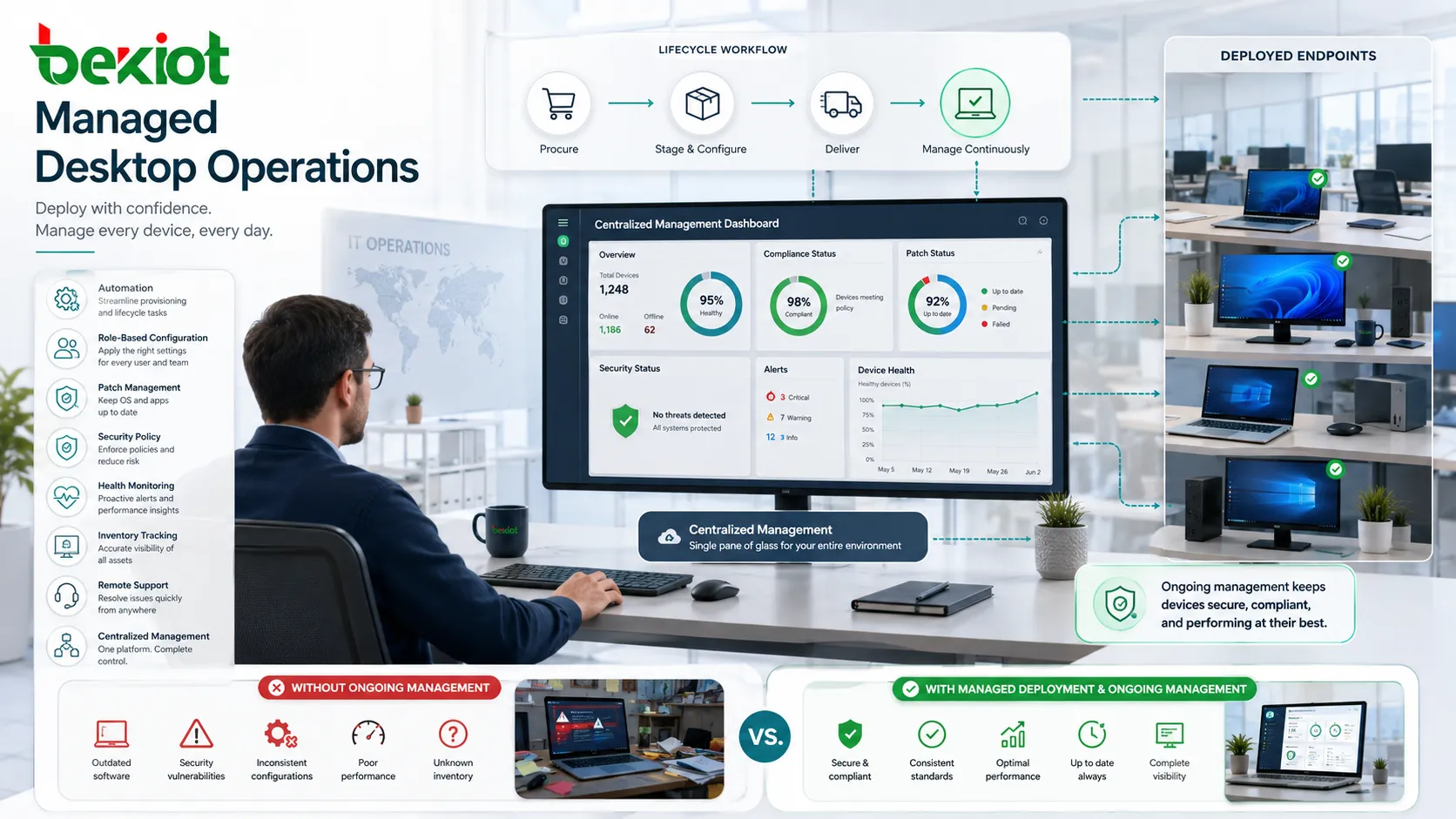 Verwaltete Desktop-Bereitstellung mit Automatisierung, rollenbasierter Konfiguration, Patch-Management, Sicherheitsrichtlinie und Dashboard für Fernunterstützung