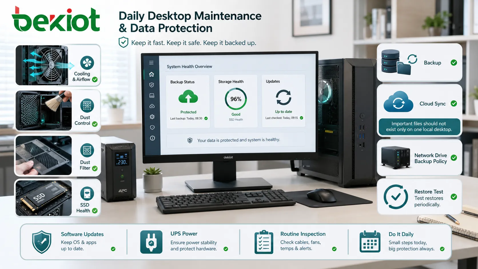 Wartungsliste für Desktop-Computer mit Kühllüfter Staubfilter SSD-Zustand Backup USV und Software-Update-Anzeige