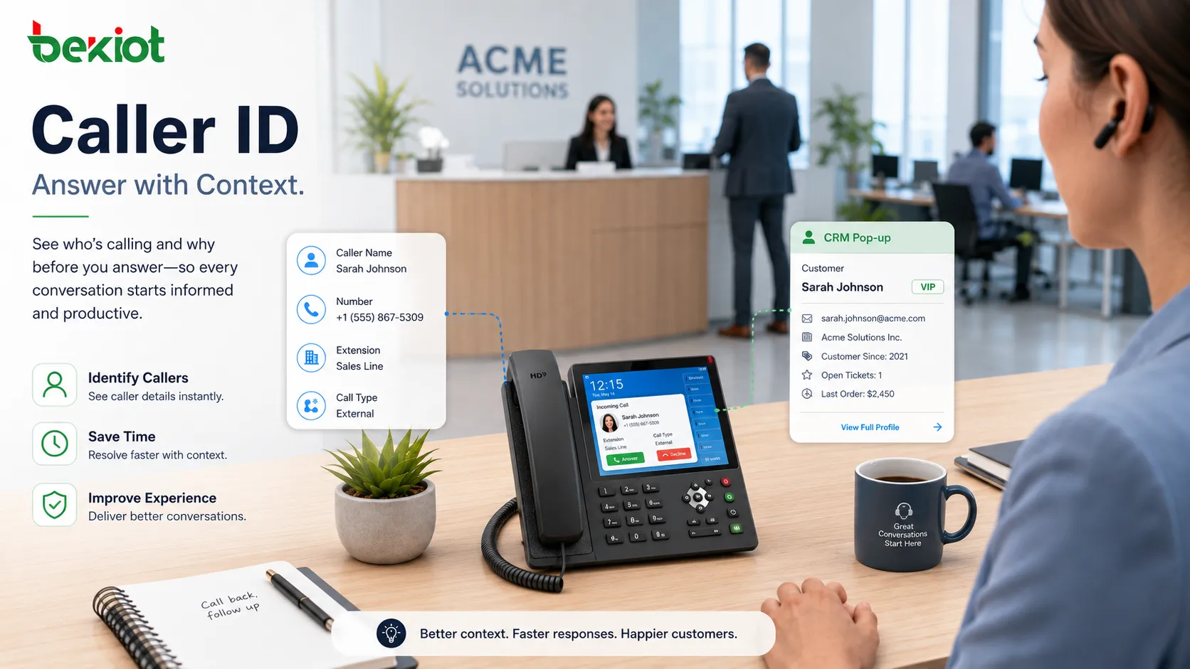 Anruferkennung mit eingehender Nummer Name Nebenstellenlabel und CRM-Popup vor dem Abheben