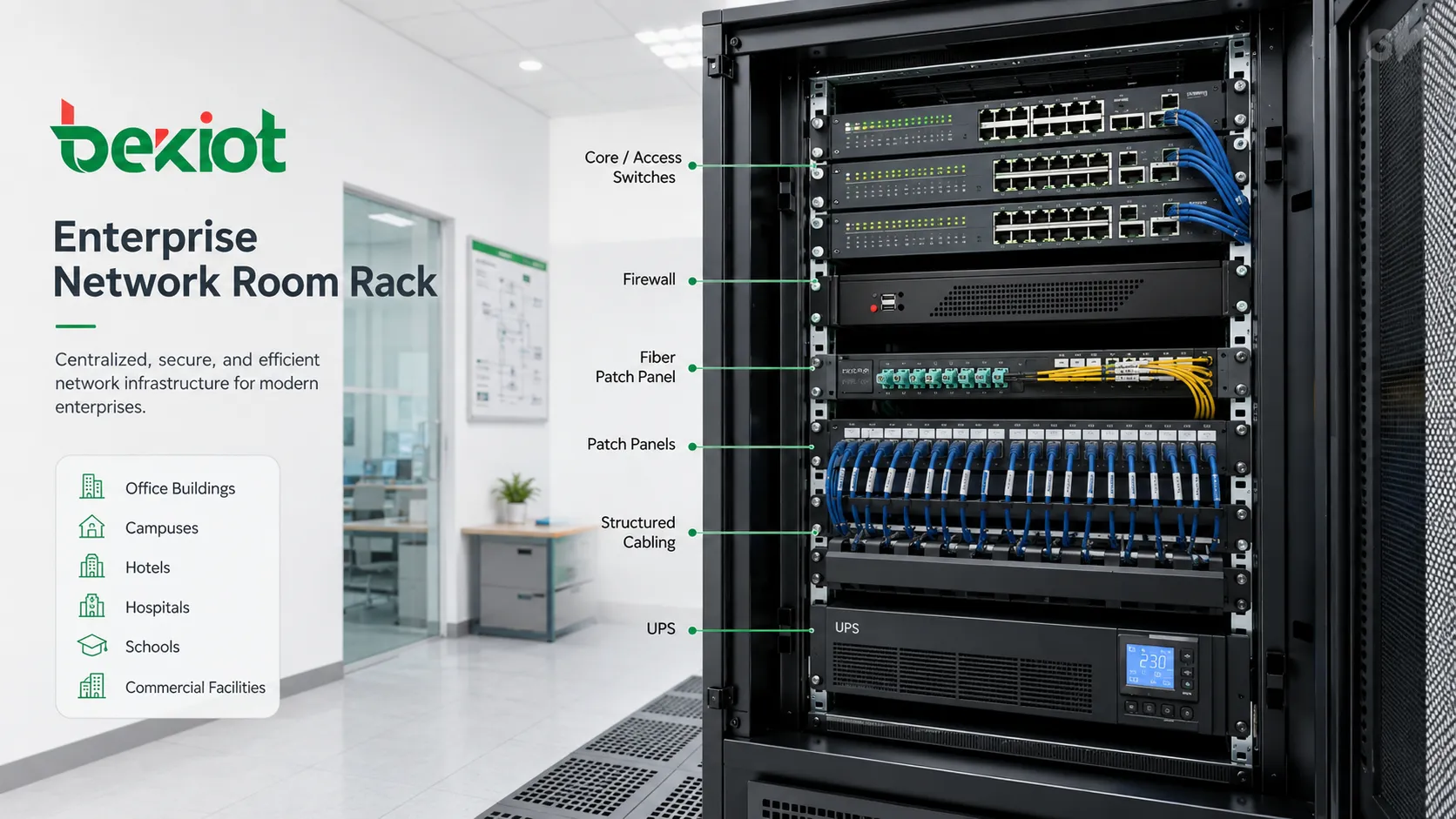 Unternehmensnetzwerkraum mit Switches Firewall Router Glasfaserpanel USV Kabelkennzeichnungen und strukturierter Verkabelung
