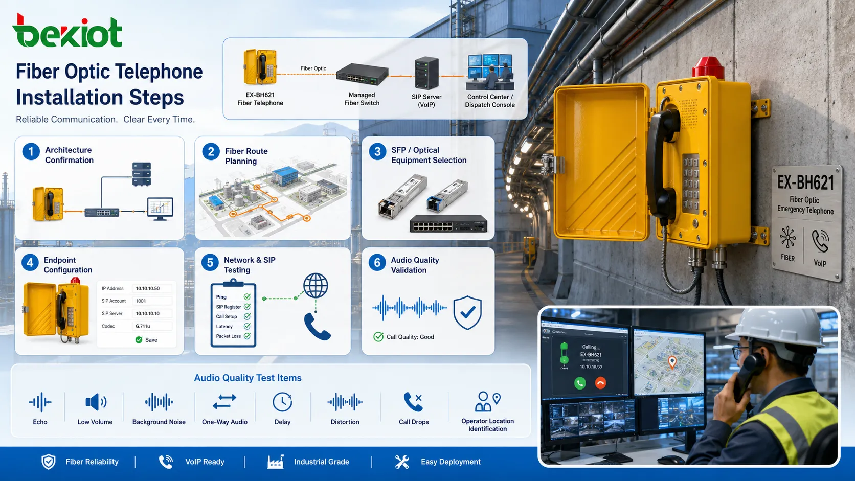 Installationsschritte für Glasfasertelefon mit Glasfasertrassenplanung SFP-Modul Patchpanel SIP-Telefontest und Audioqualitätsvalidierung