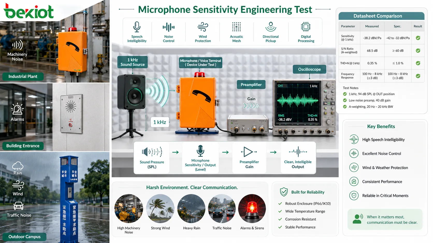 Engineering-Test der Mikrofonempfindlichkeit mit Akustikkammer, 1-kHz-Schallquelle, Vorverstärker, Oszilloskop und Datenblattvergleich