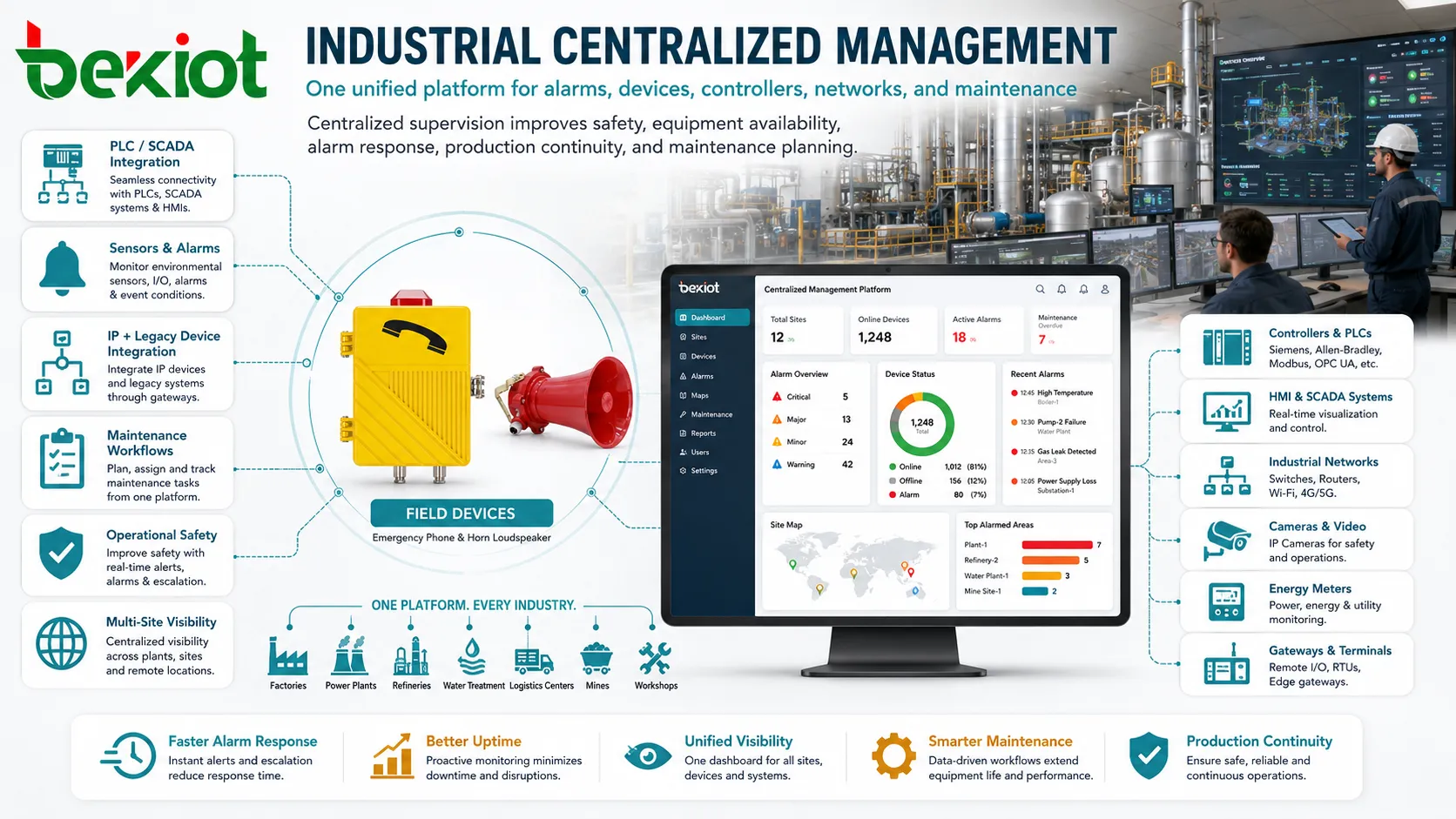 Zentralisiertes Management in der Fabrikautomatisierung mit PLC Systemen Sensoren industriellen Netzwerkgeräten Alarmen und Wartungsdashboard