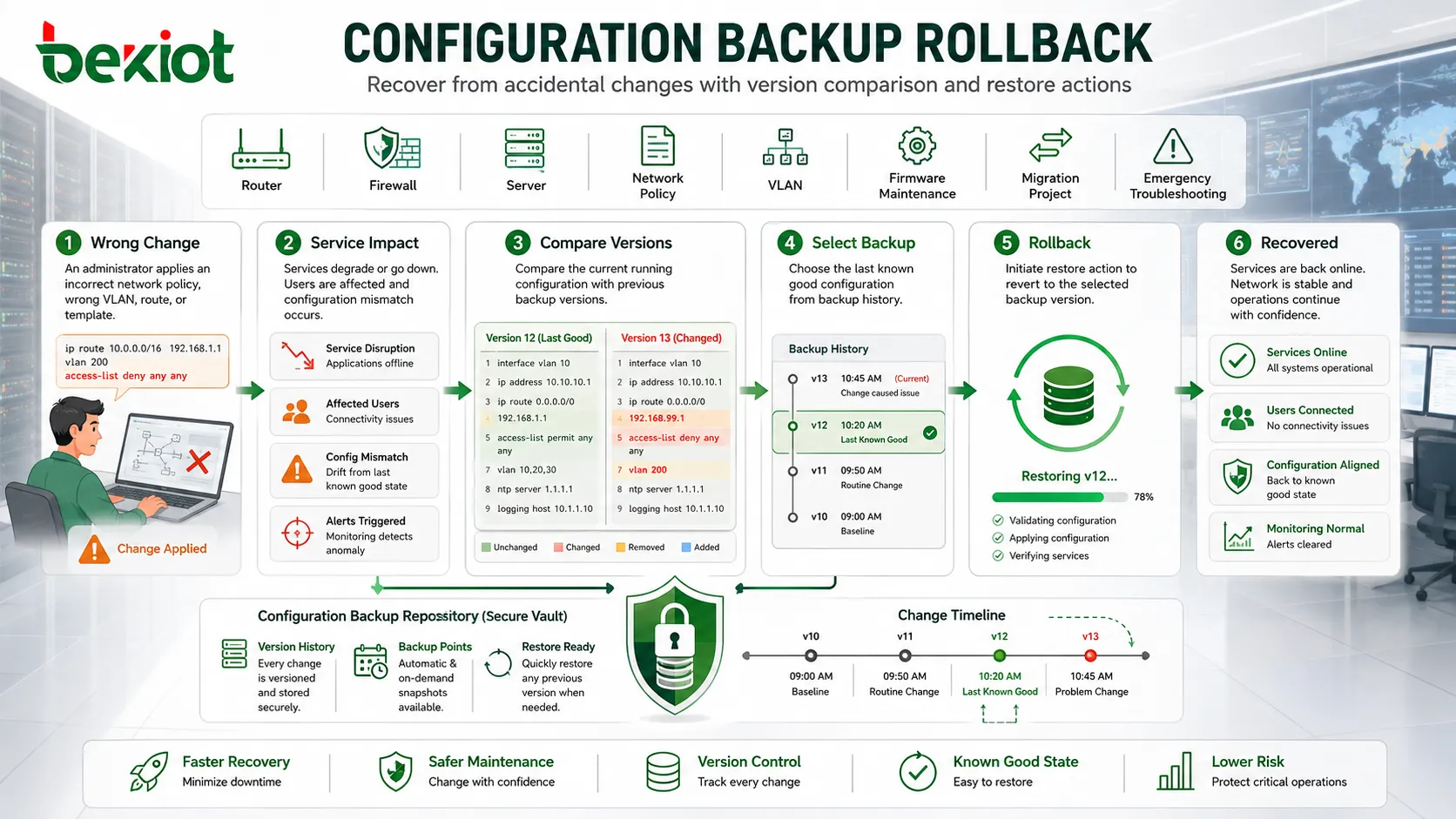 Rollback-Ablauf der Konfigurationssicherung nach falscher Netzwerkrichtlinienänderung mit Versionsvergleich und Wiederherstellungsaktion