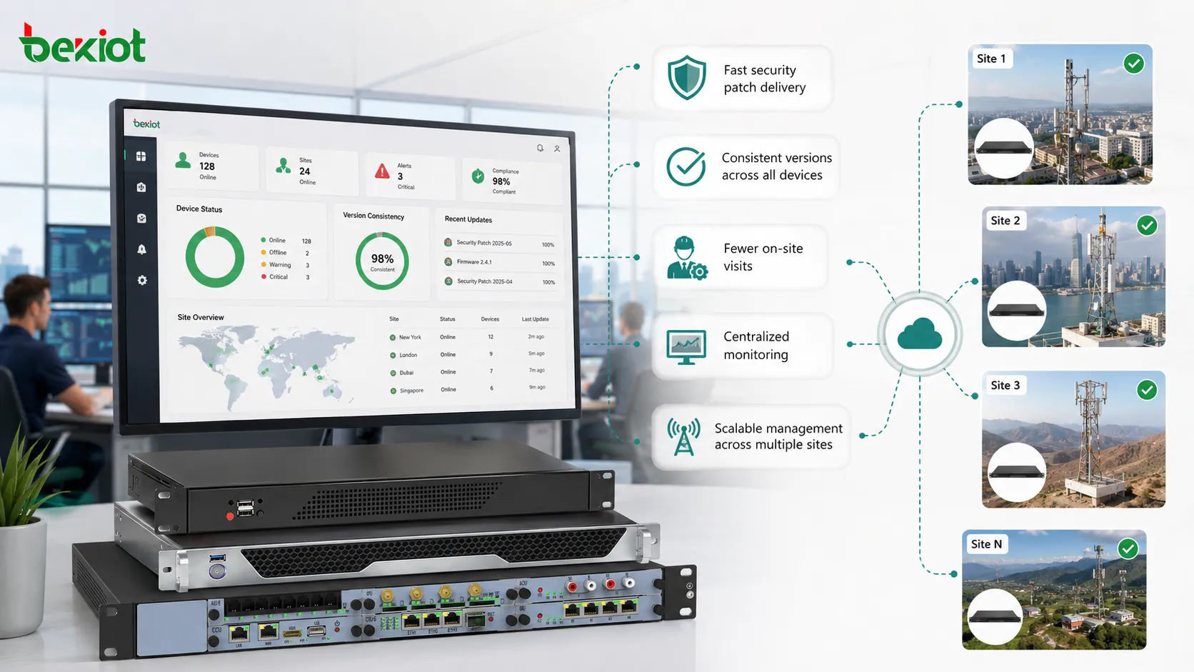 Vorteile von Remote-Upgrades mit Sicherheitspatch-Bereitstellung Versionskonsistenz weniger Vor-Ort-Einsätzen und Multi-Geräte-Monitoring-Dashboard