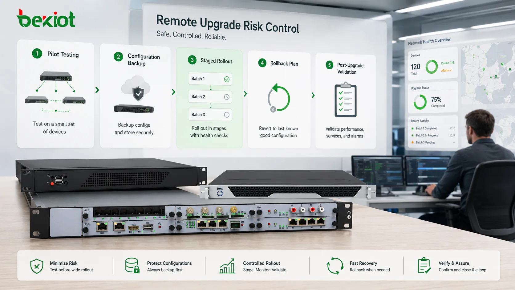 Risikokontrolle bei Remote-Upgrades mit Pilotprüfung Sicherung stufenweisem Rollout Rollback-Plan und Validierung nach dem Upgrade