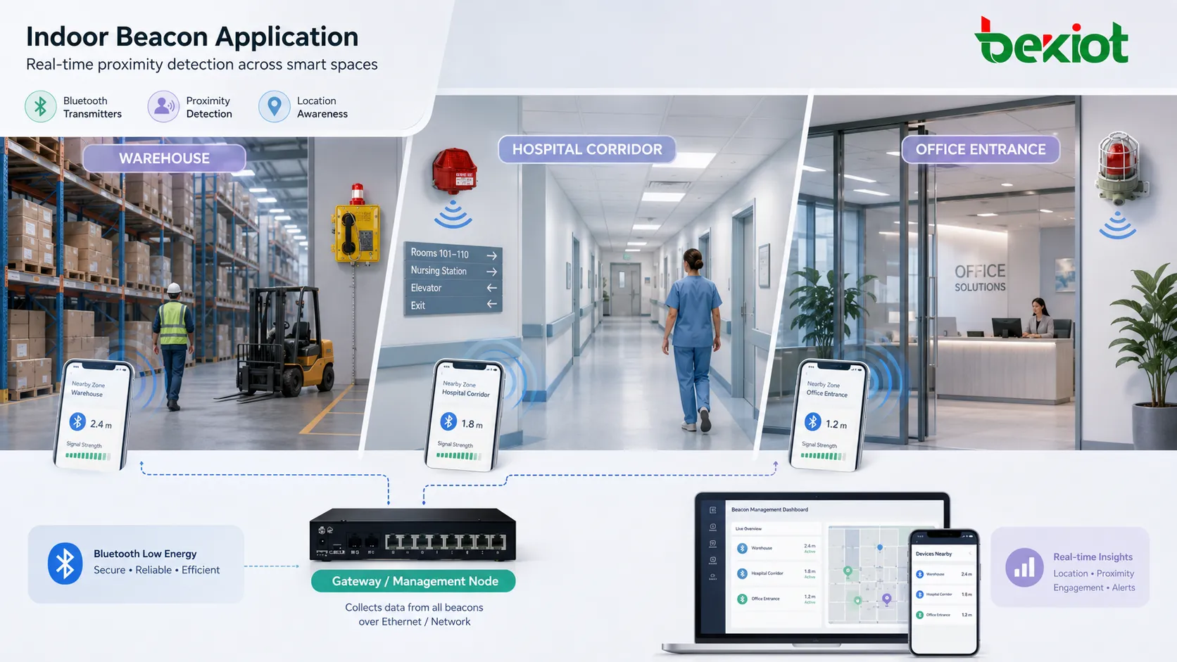 Indoor-Beacon-Anwendung mit Bluetooth-Sendern im Lager, Krankenhausflur, Büroeingang und Näherungserkennung durch Mobilgeräte