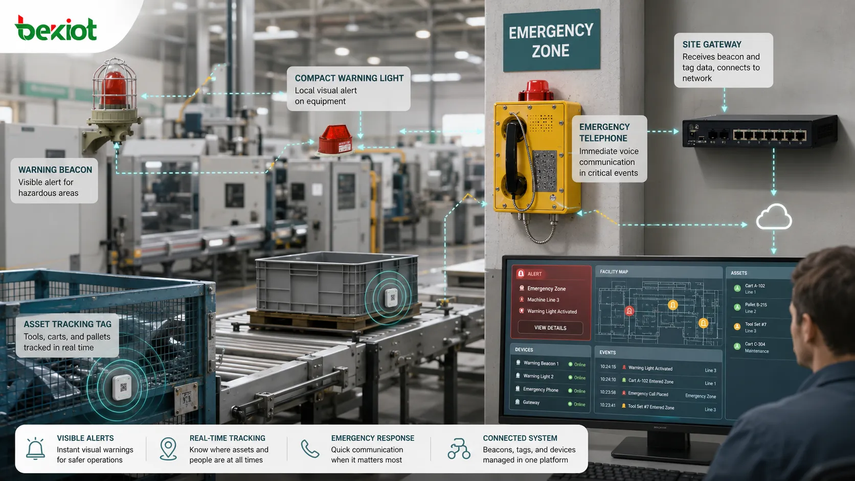 Einsatz von Industrie-Beacons mit Warnlicht an Maschinenlinie, Notfallzone, Asset-Tracking-Tag, Gateway und Bediener-Dashboard