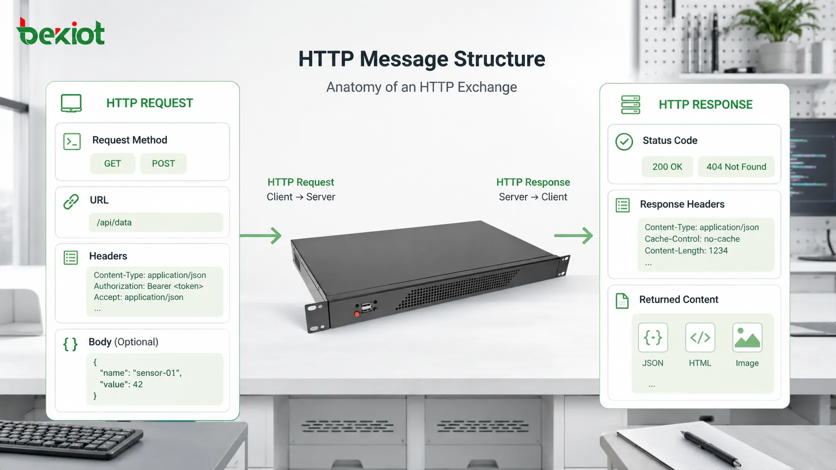 HTTP-Anfrage-Antwort-Ablauf mit Browser-Client, DNS-Abfrage, Webserver, Anfragemethode, Headern, Statuscode und Antwortkörper