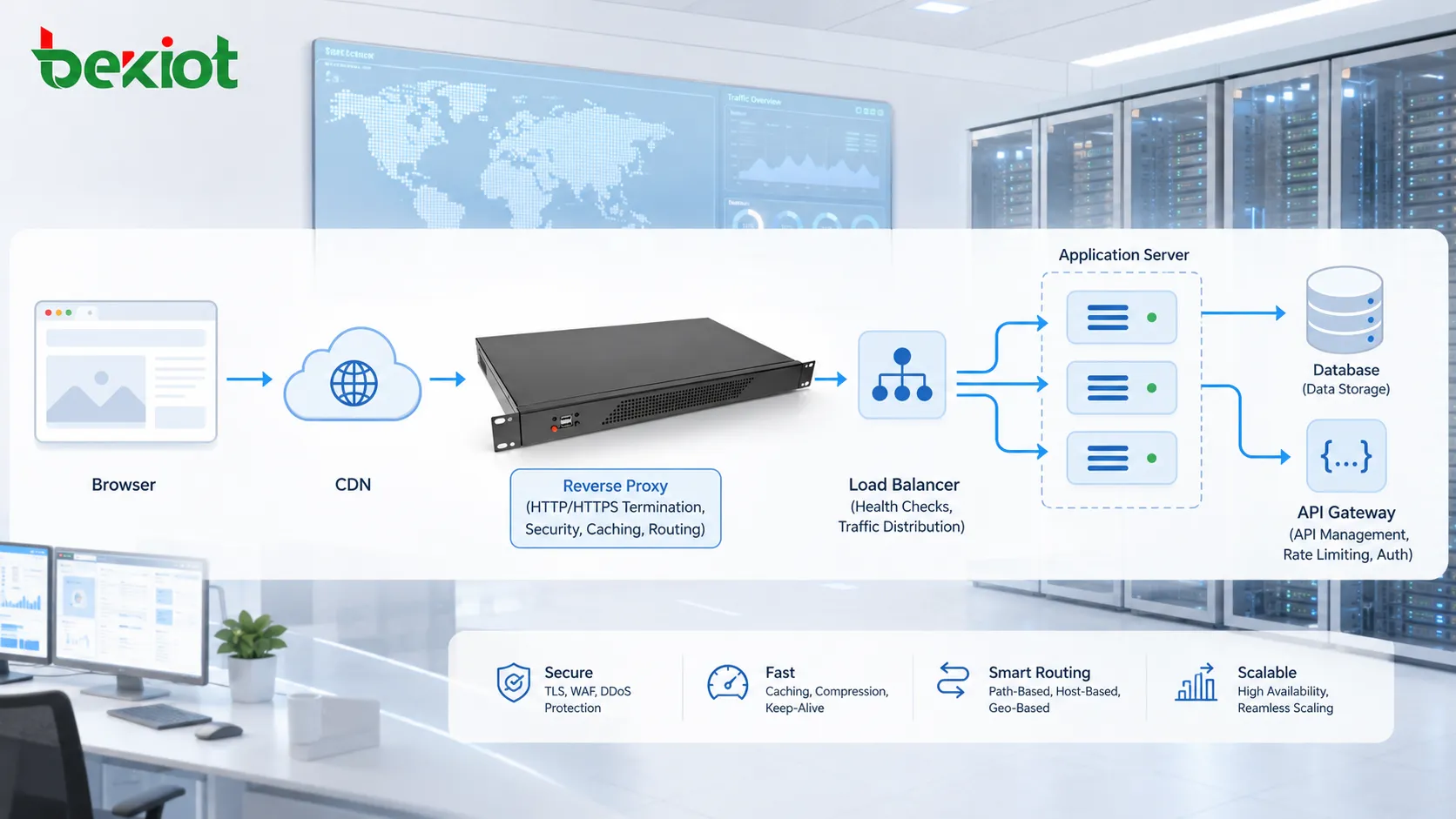 HTTP-Webbereitstellungsarchitektur mit Browser, CDN, Reverse Proxy, Load Balancer, Anwendungsserver, Datenbank und API-Gateway