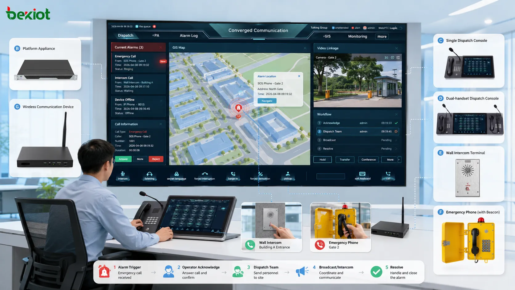 Integriertes Dispatch-Monitoring mit Sprachanruf Videoverknüpfung GIS-Karte Alarm-Popup und Bediener-Reaktionsablauf