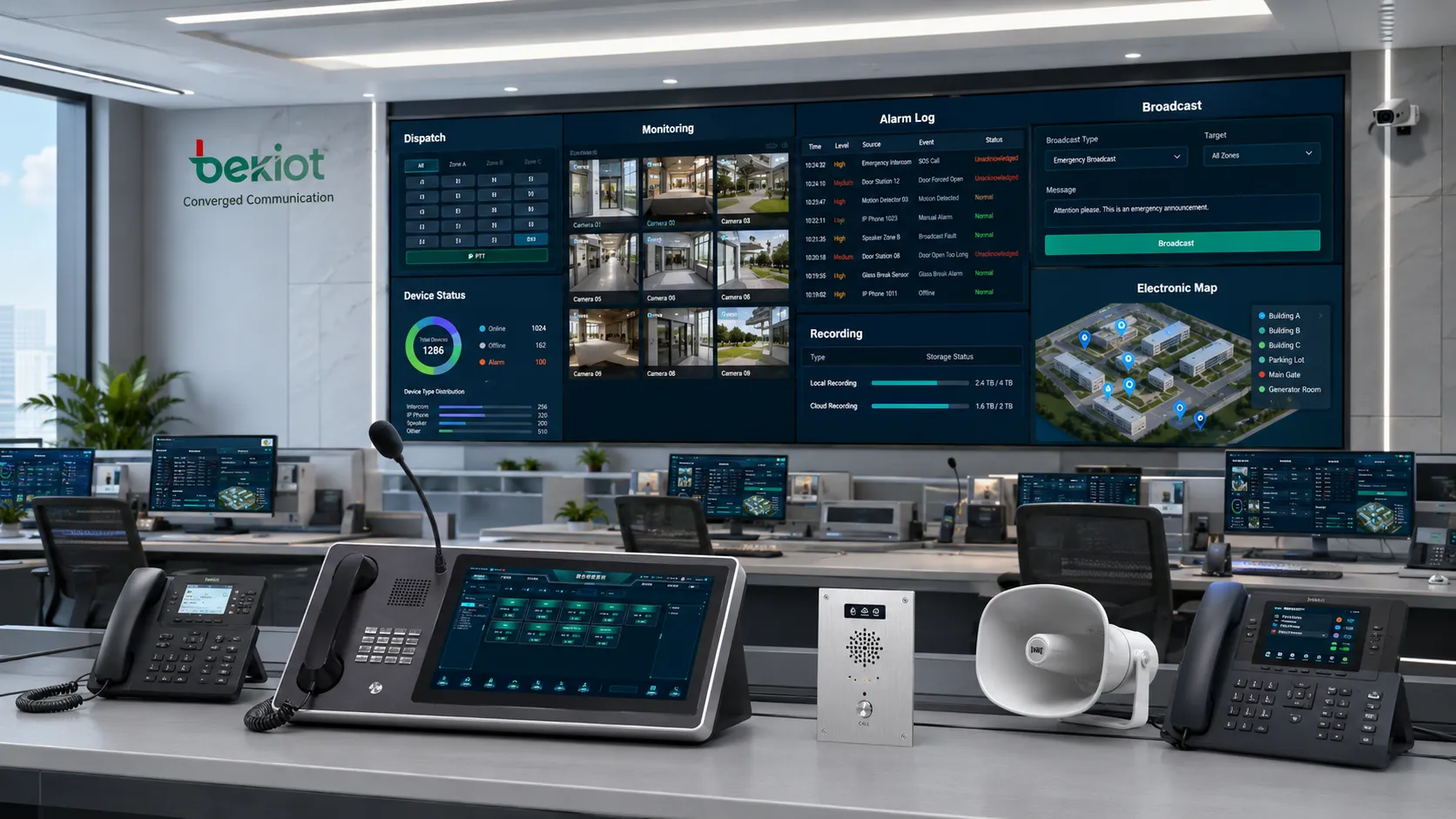 Multimedia-Kommandozentrum mit Leitstellenkonsole IP-Telefonen Notfall-Intercom Broadcast-Lautsprecher Alarmverknüpfung Videobildschirm und elektronischer Karte