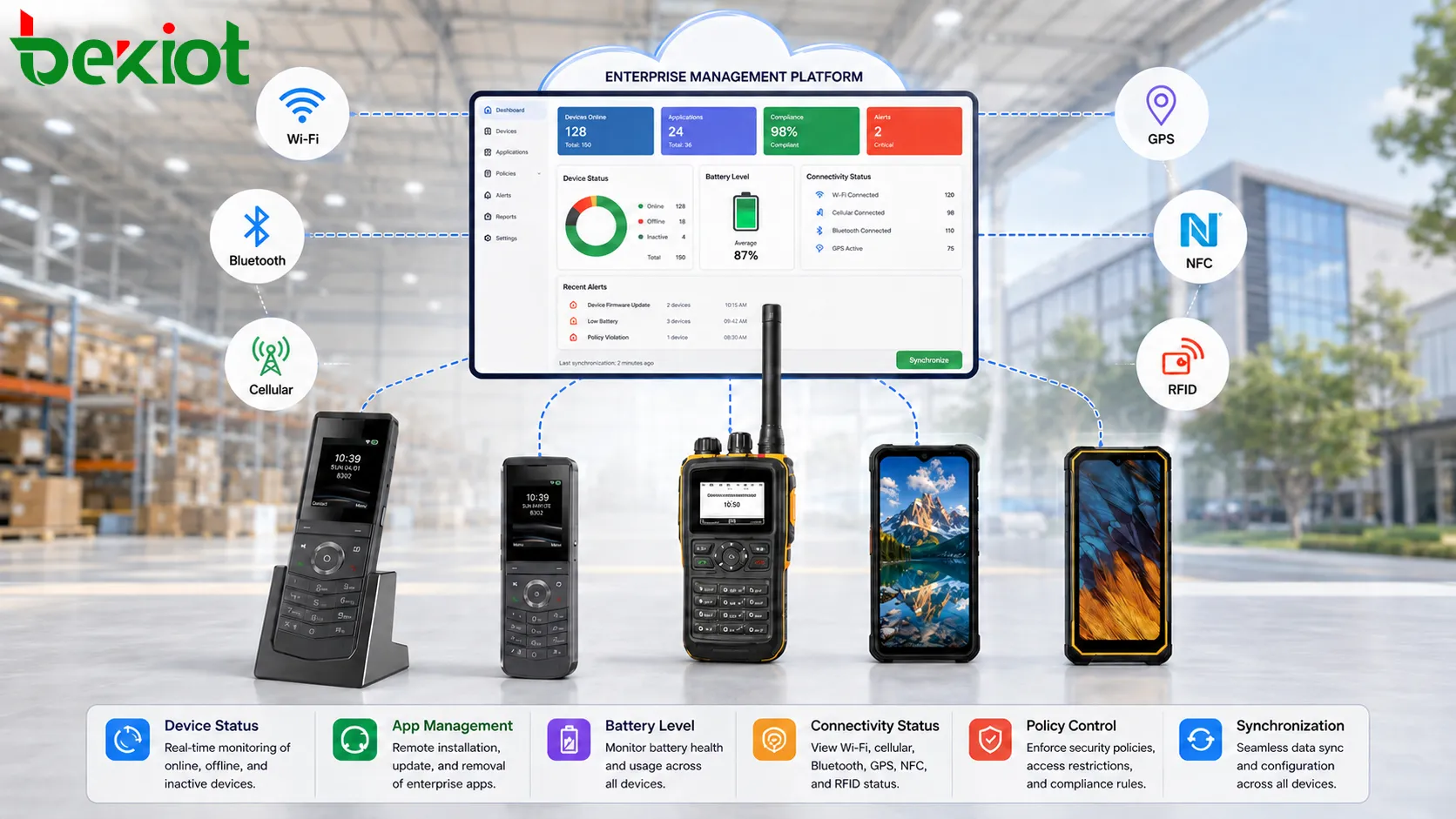 Konnektivitätsdiagramm eines Handheld-Geräts mit Wi-Fi, Bluetooth, Mobilfunk, GPS, NFC, RFID und Unternehmensverwaltungsplattform