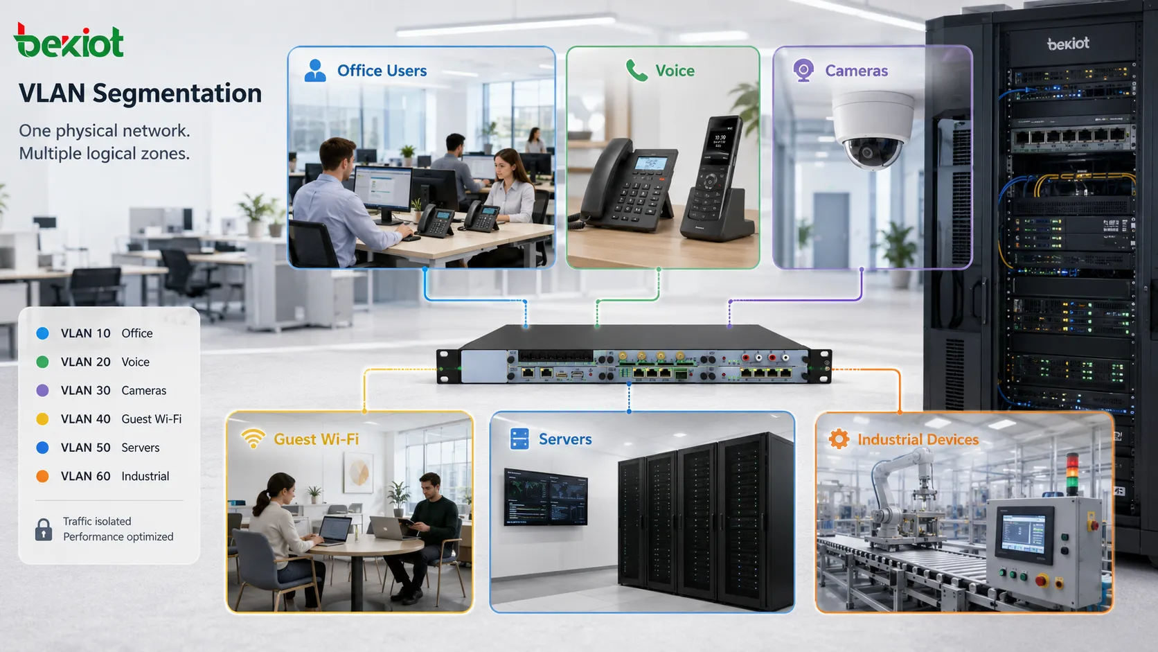 VLAN-Segmentierungskonzept mit Bürobenutzern IP-Telefonen Kameras Gäste-Wi-Fi Servern und Industriegeräten in getrennten logischen Netzwerkzonen