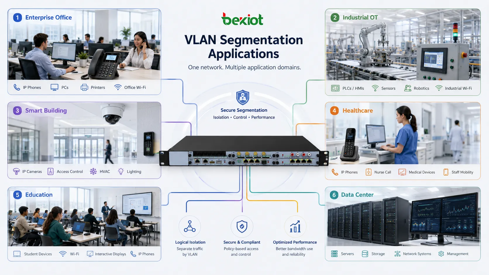 VLAN-Segmentierungsanwendungen in Unternehmensbüro industrieller OT Smart Building Gesundheitswesen Bildung und Rechenzentrumsnetzdesign