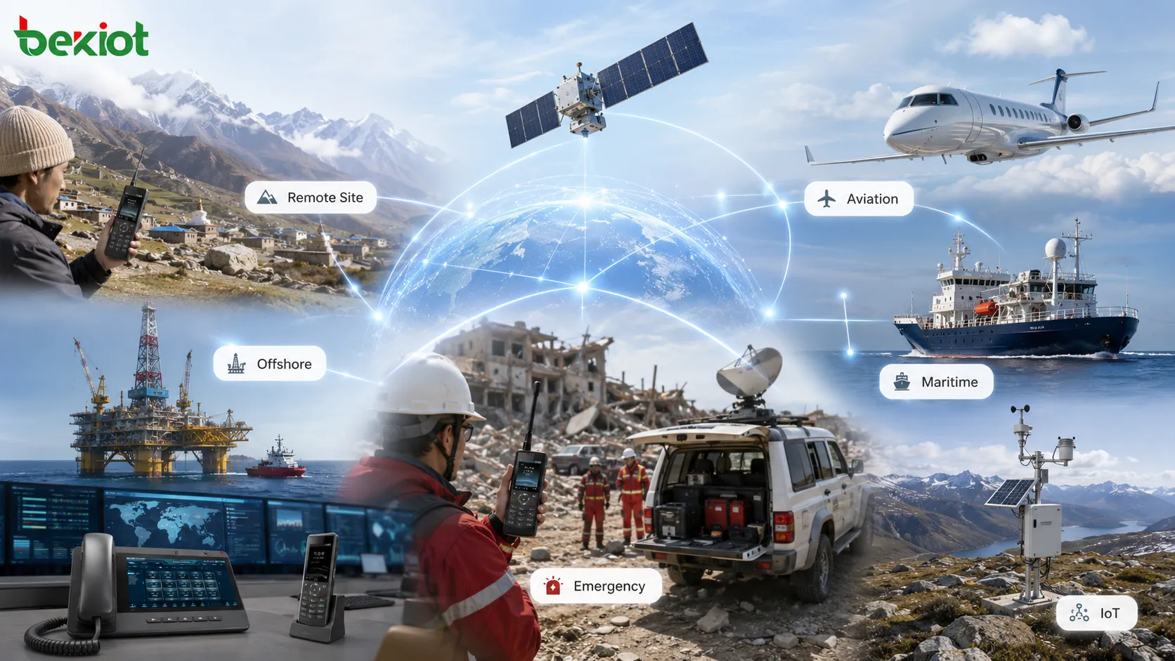 Einsatzfälle der Satellitenkommunikation mit abgelegenem Dorf, Offshore-Plattform, Flugzeug, Schiff, Katastrophenschutzfahrzeug und IoT-Sensornetz