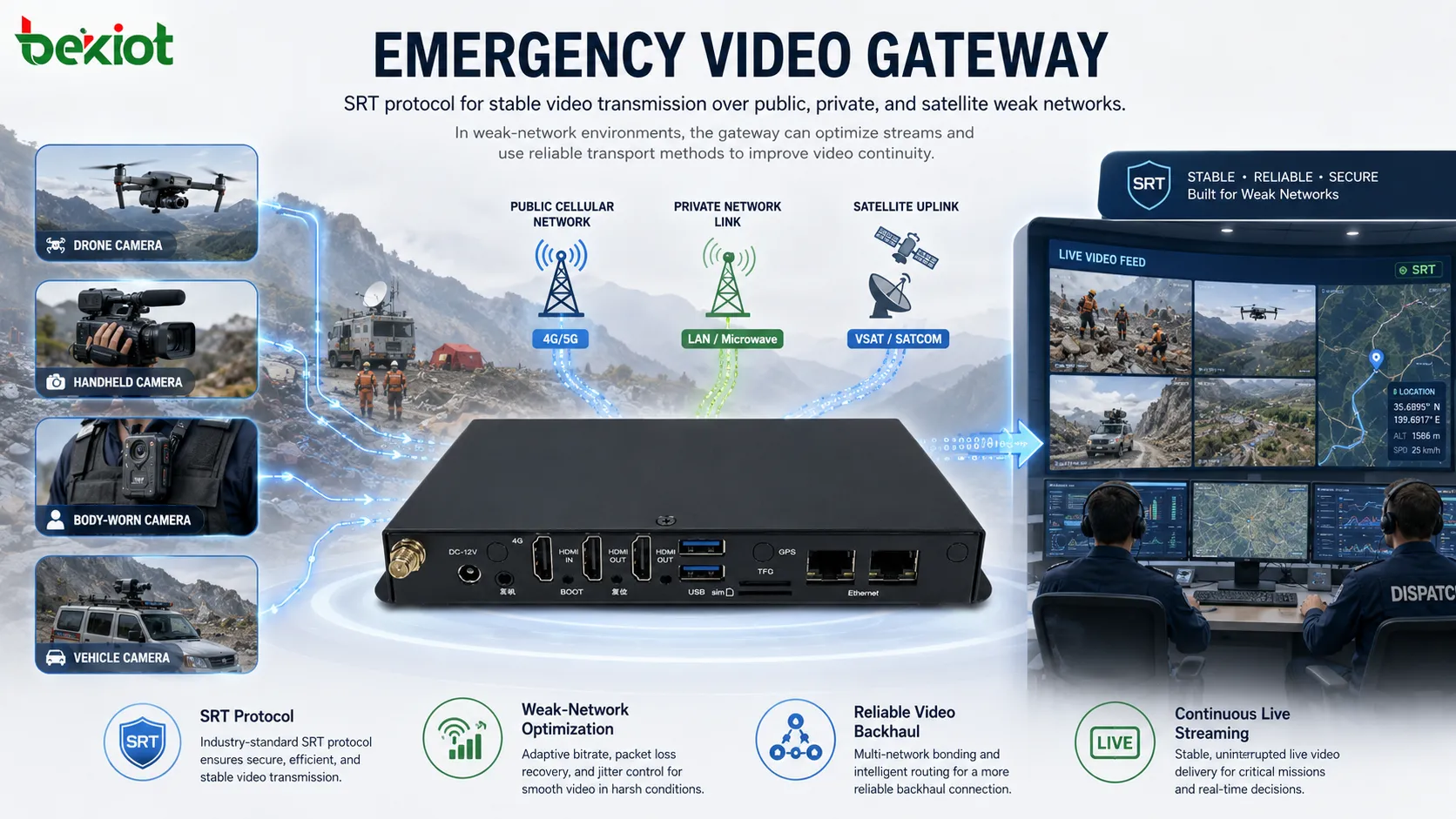 Notfall-Video-Gateway verwendet SRT-Protokoll für stabile Videoübertragung über öffentliche, private und satellitengestützte Schwachstellen-Netzwerke