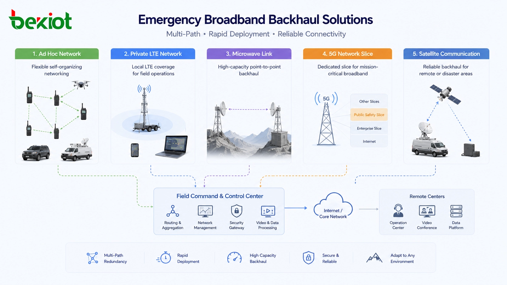Breitbandiger Einsatz-Backhaul mittels Ad-hoc-Netz, privatem LTE, Richtfunkstrecke, 5G-Slicing und Satellitenkommunikation