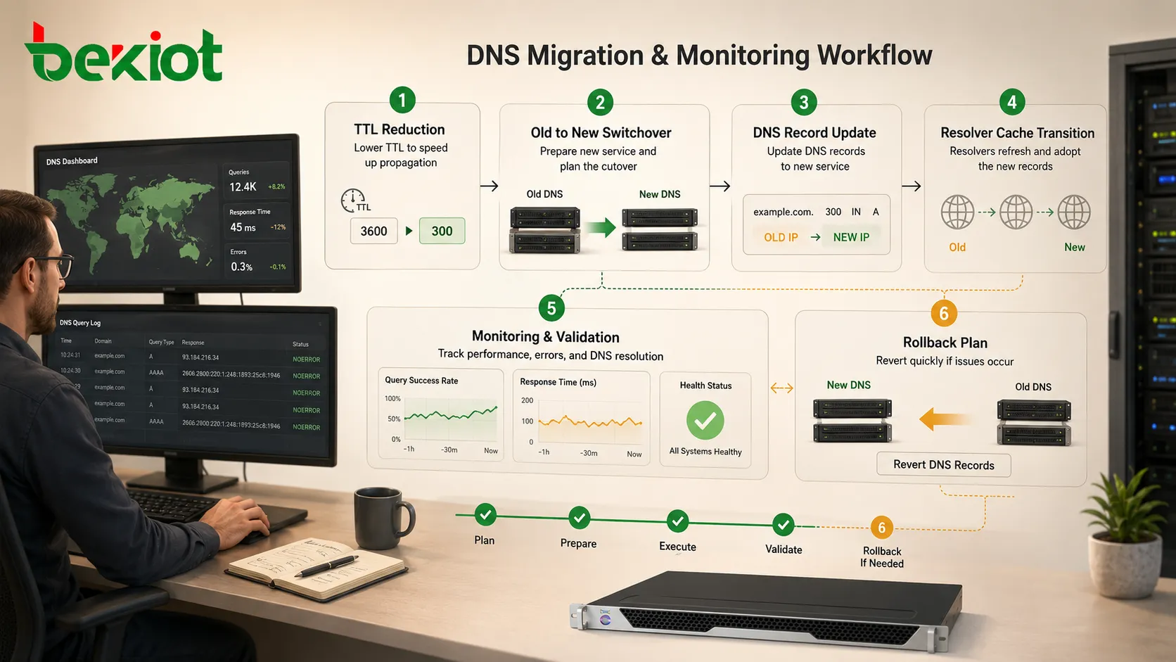 DNS-Migrationsablauf mit TTL-Reduzierung, altem Server, neuem Server, Eintragsänderung, Resolver-Cache, Monitoring und Rollback-Plan