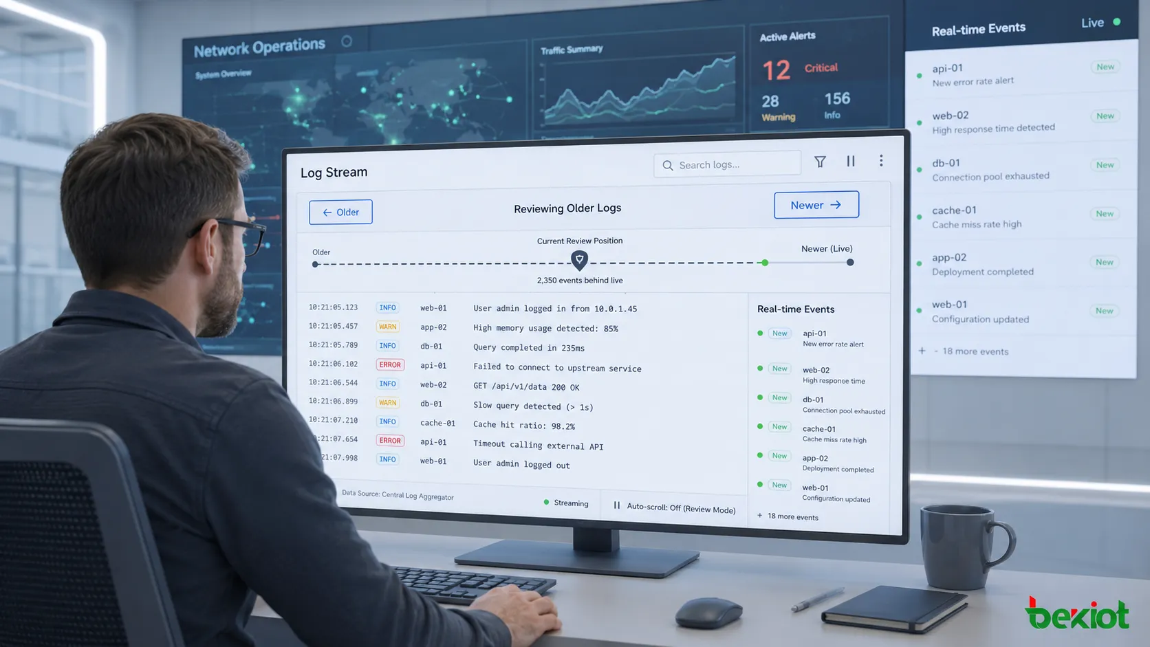 Richtungsbasierte Paginierung in einem Monitoring-Dashboard mit Protokollstrom, Cursor, Echtzeitereignissen und stabiler Position