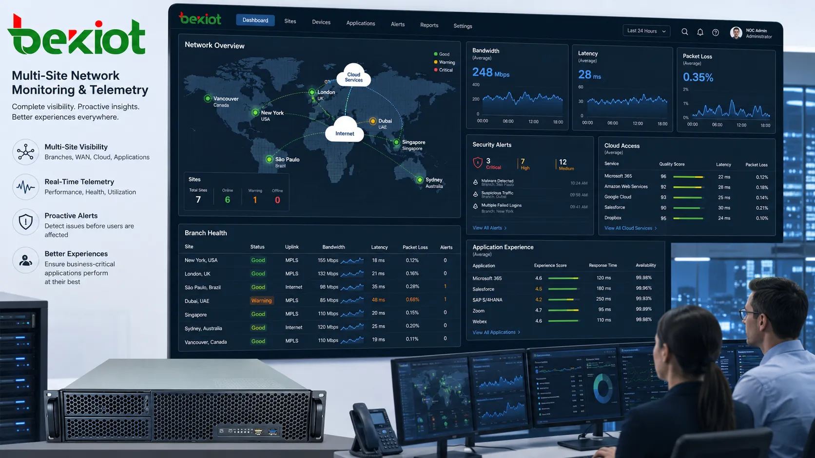 Monitoring-Dashboard für ein Multisite-Netzwerk mit Linkzustand, Bandbreite, Latenz, Paketverlust, Sicherheitsalarmen, Cloud-Zugriff und Anwendungserfahrung