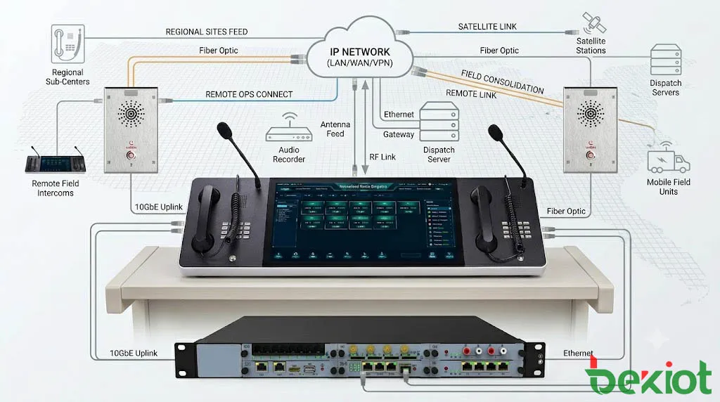 Architektur eines IP-basierten Funkleitsystems mit Funkrelais, RoIP-Gateway, Dispositionsserver, Bedienerkonsole, Aufzeichnungsserver und entferntem IP-Netzwerk