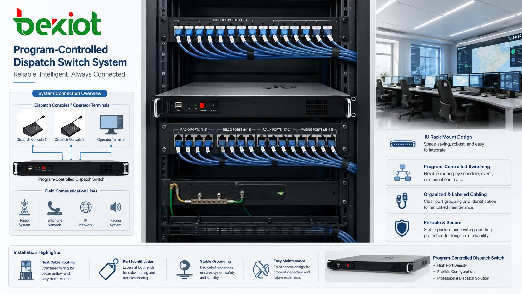 Installation eines programmgestützten Dispatch-Switches mit Rackmontage beschrifteten Ports Kabelführung Erdung und Konsolenanschluss