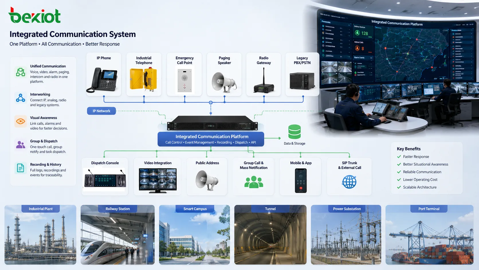 Integriertes Kommunikationssystem, das Industrietelefone, Notrufsäulen, Durchsagelautsprecher, Funkgateway, Dispatcherkonsole und Leitstellenplattform verbindet