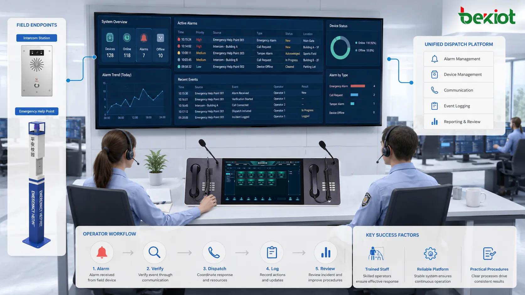 Control room workflow with alarm reception, event verification, communication, dispatch, logging and incident review